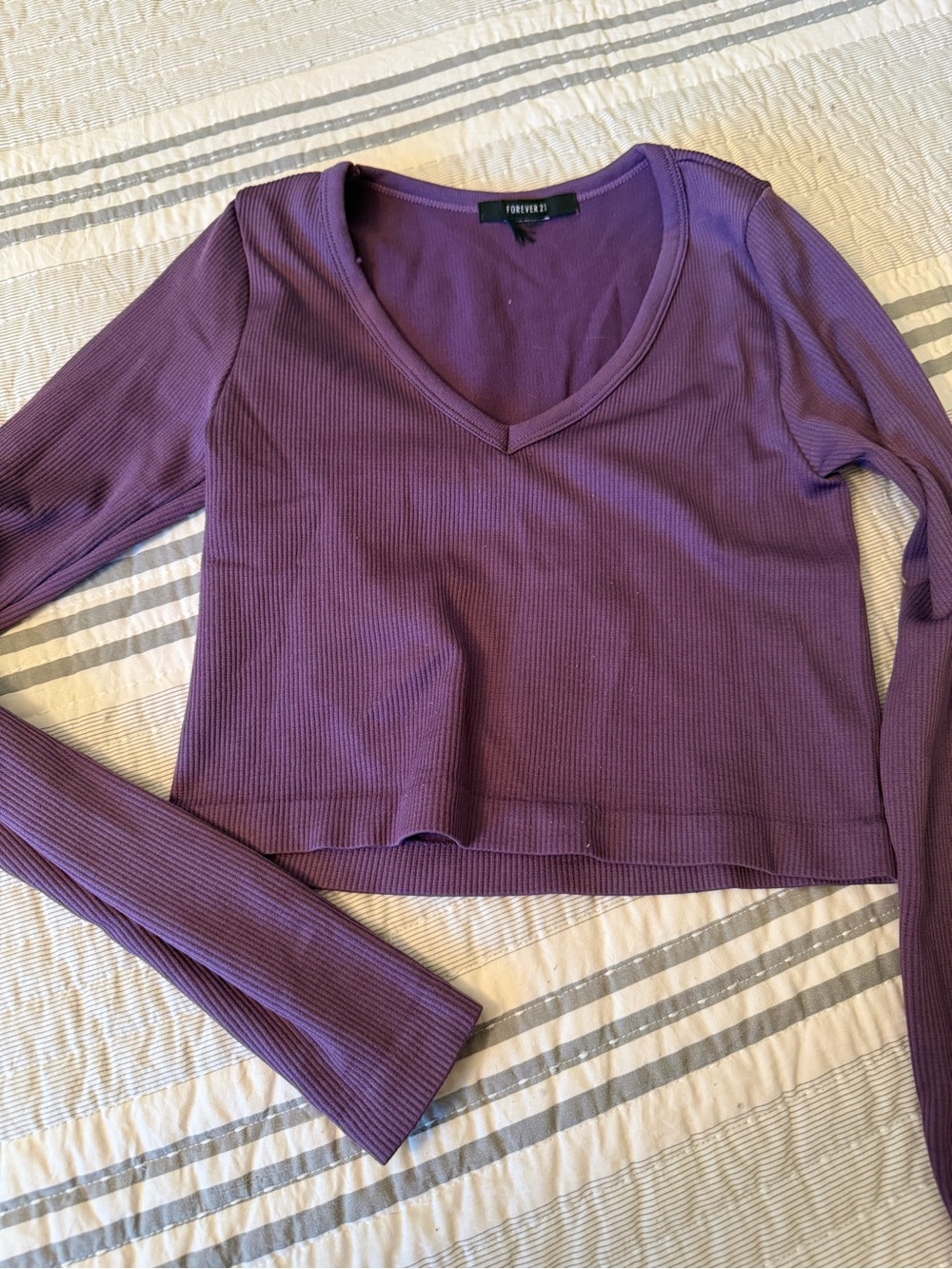 Forever 21 Plum Ribbed V-Neck Long Sleeve Crop Top